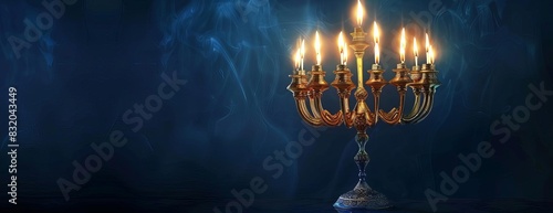 Golden menorah with burning candles on a dark blue background. photo