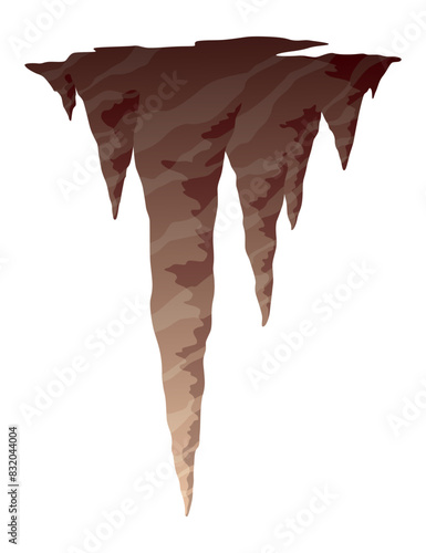 Stalactite. Icicle shaped hanging mineral formations in cave. Nature brown limestone, material stone icon. Natural growth geology formations