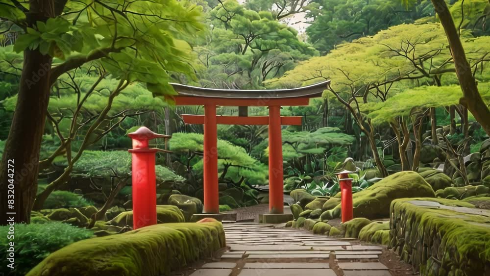 Video animation of tranquil Japanese garden adorned with a striking red Torii gate. The Torii gate is a common feature associated with Shinto shrines and symbolizes the entrance to a sacred space Video animation of tranquil Japanese garden adorned with a striking red Torii gate. The Torii gate is a common feature associated with Shinto shrines and symbolizes the entrance to a sacred space