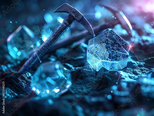 Data Mining 3D pickaxes and data gems, with subtle glows to represent valuable insights being mined