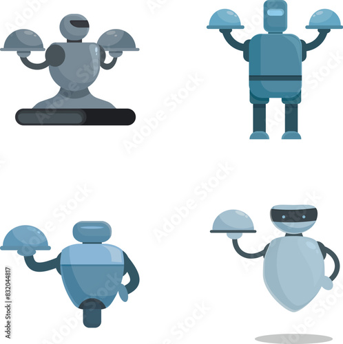 Set of four friendly cartoon robot butlers designed for service, presenting dishes on trays