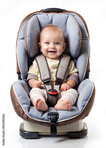 Cute Baby strapped in a car seat isolated on white background isolated on white, clipping path