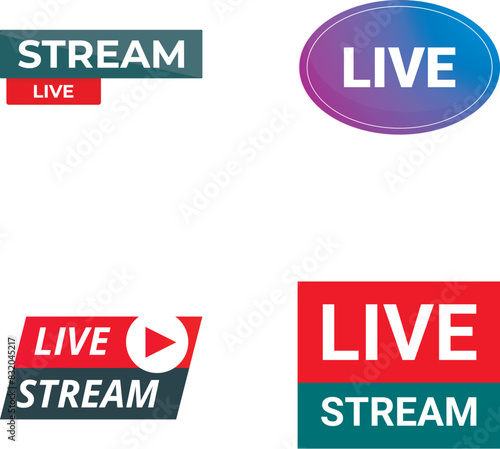 Collection of colorful live stream badges suitable for web broadcasts and online video services photo