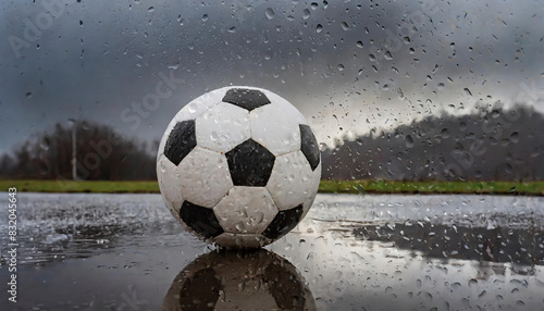 Soccer ball on a wet puddle with water drops in the background