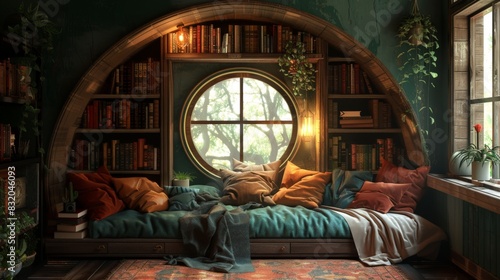 a cozy reading nook with soft lighting and comfortable furniture, peaceful and inviting