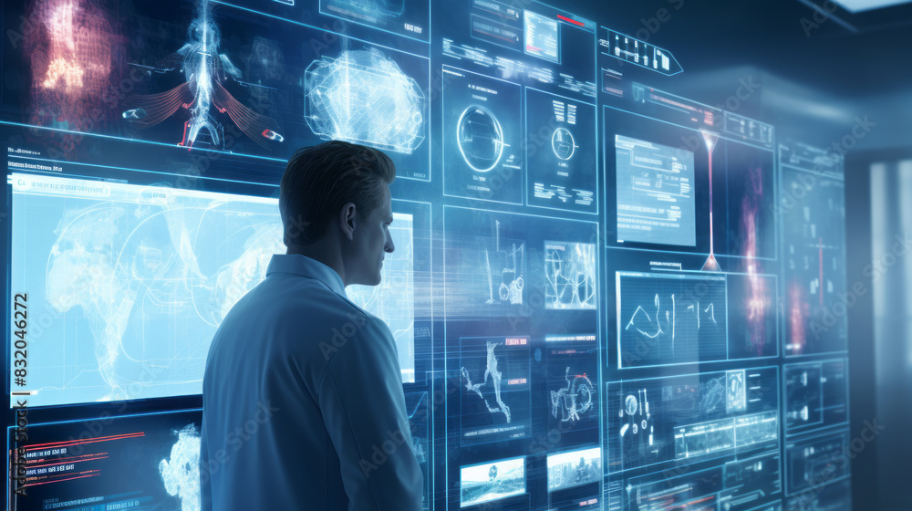 scientist looking at virtual wall screen full of scientific data scientist looking at virtual wall screen full of scientific data