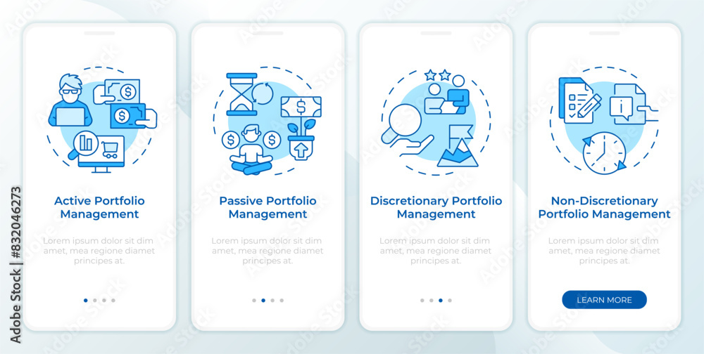 Portfolio organization types blue onboarding mobile app screen. Walkthrough 4 steps editable graphic instructions with linear concepts. UI, UX, GUI template. Montserrat SemiBold, Regular fonts used