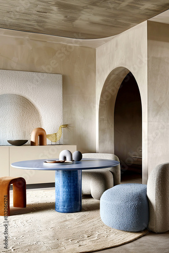 Boucle chairs at dining table in room with stucco walls and arch doorway. Minimalist interior design of modern living room.