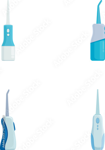 Collection of four different water flossers for dental hygiene isolated on white