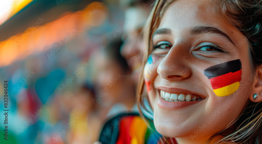 Smiling girl with German flag face paint at a sports event in Euro Uefa 2024 in Germany Smiling girl with German flag face paint at a sports event in Euro Uefa 2024 in Germany