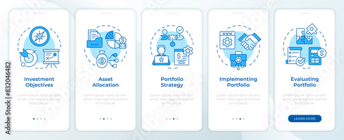 Stages of portfolio management blue onboarding mobile app screen. Walkthrough 5 steps editable graphic instructions with linear concepts. UI, UX, GUI template. Montserrat SemiBold, Regular fonts used
