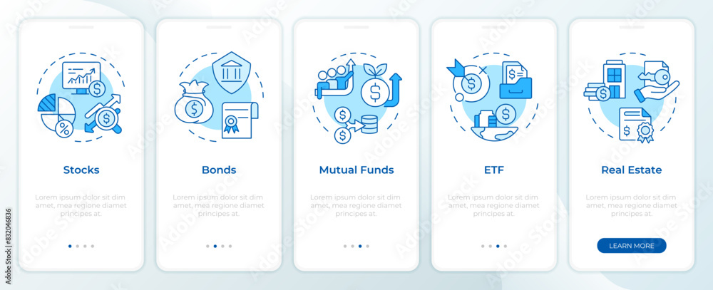 Investments diversity blue onboarding mobile app screen. Walkthrough 5 steps editable graphic instructions with linear concepts. UI, UX, GUI template. Montserrat SemiBold, Regular fonts used