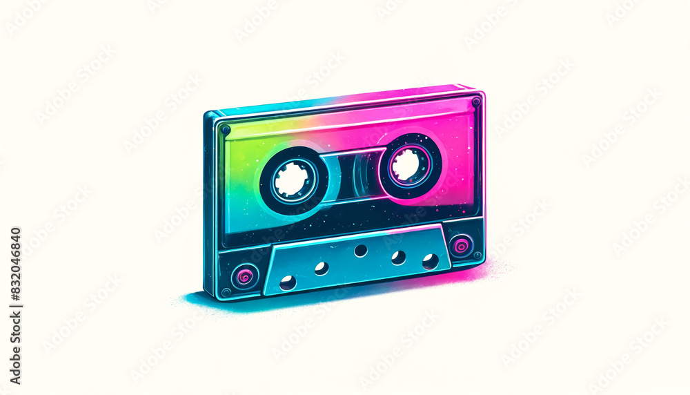 Retro-styled colorful cassette tape isolated on a light background, symbolizing summer music, nostalgia, and World Music Day Retro-styled colorful cassette tape isolated on a light background, symbolizing summer music, nostalgia, and World Music Day