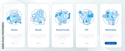 Investments diversity blue onboarding mobile app screen. Walkthrough 5 steps editable graphic instructions with linear concepts. UI, UX, GUI template. Montserrat SemiBold, Regular fonts used