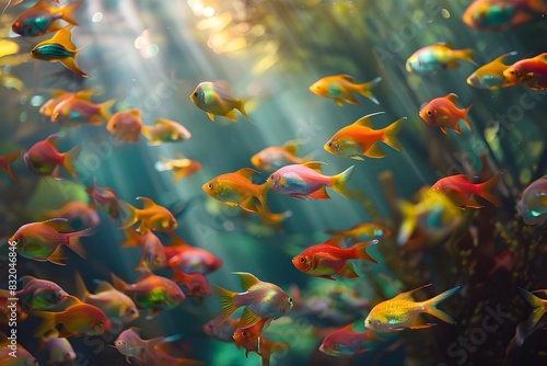 Graceful Underwater School of Vibrant Tropical Fish Amid Swaying Aquatic Flora