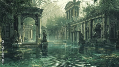 Surreal submerged cityscape featuring grand amphitheaters, overgrown boulevards, and submerged statues, evoking an aura of lost grandeur.
