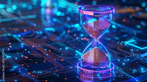 A neon hourglass suspended in cyberspace, its grains of data flowing endlessly between dimensions