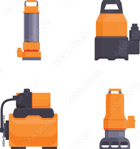 Collection of four isolated vector icons depicting different styles of vacuum cleaners