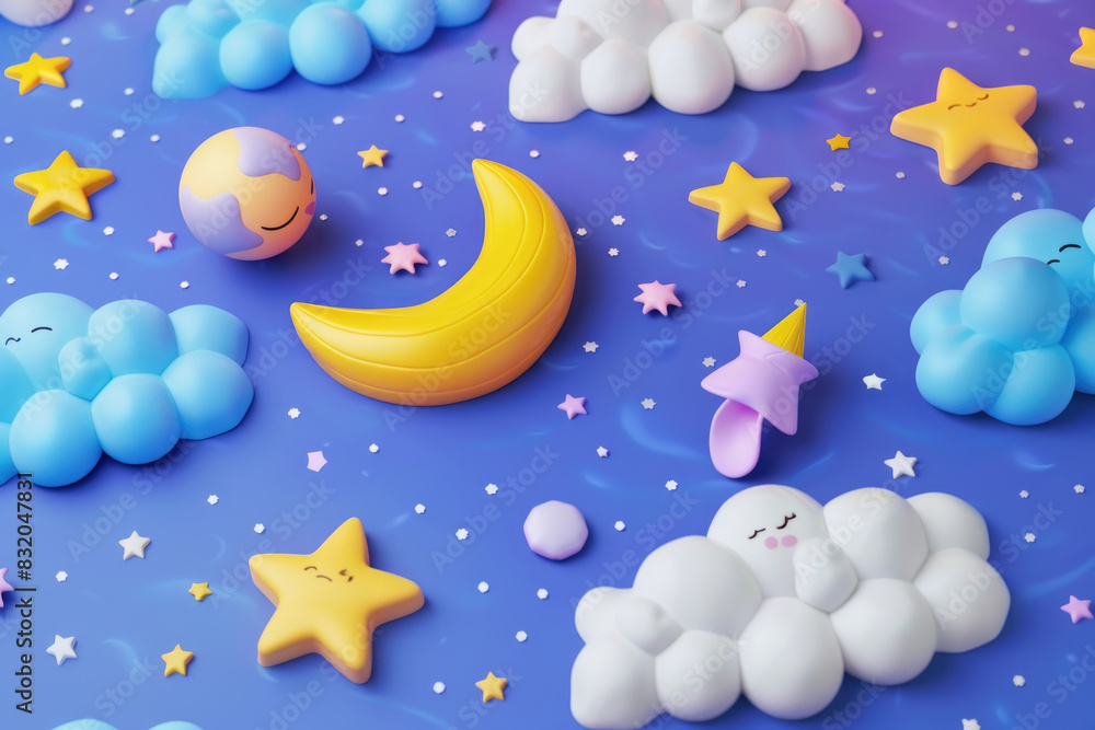 A blue background filled with stars, fluffy clouds, and a crescent moon shining brightly in the night sky A blue background filled with stars, fluffy clouds, and a crescent moon shining brightly in the night sky