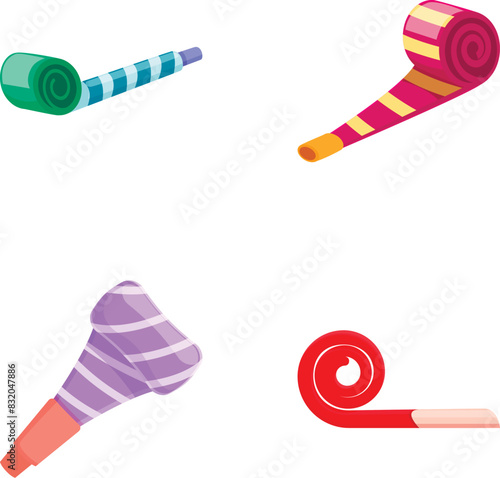 Set of four illustrated party blowouts in vibrant colors, isolated on white background