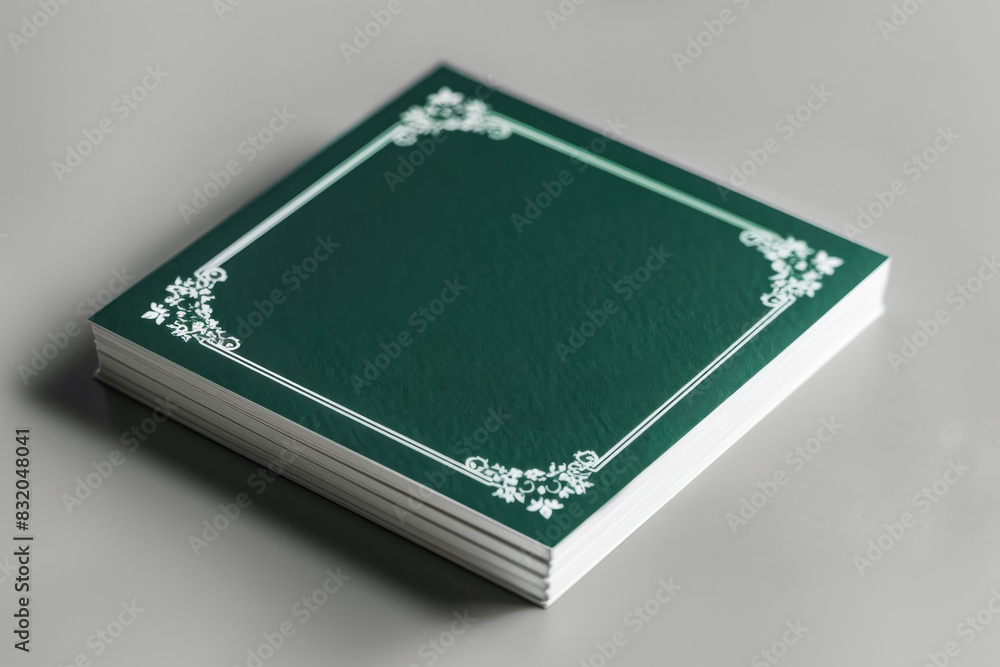 Stack of green invitation cards with white floral border on a gray surface Stack of green invitation cards with white floral border on a gray surface