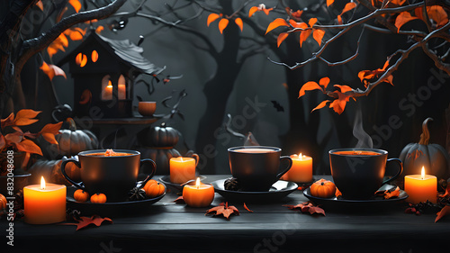 Spooky Halloween Cup of Tea  Eerie Pumpkin and Haunted Castle in Orange and Black