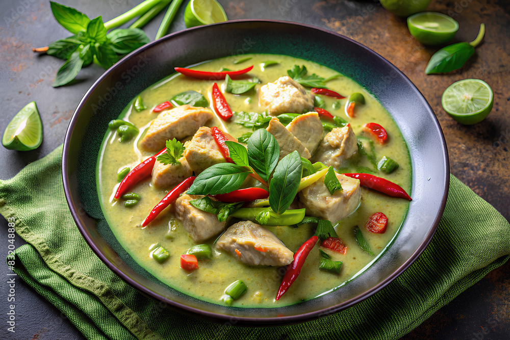 Thai chicken green curry (Kang Kiew Wan) in a green plate on grey background Thai chicken green curry (Kang Kiew Wan) in a green plate on grey background