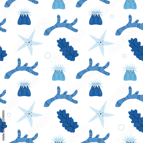 Beautiful coral reefs. Natural seamless pattern with undersea flora and fauna, sea or ocean life. Undersea backdrop with coral, algae, starfish, shells. Flat vector illustration