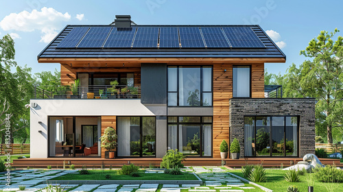 sustainable modern house building with solar panels and heat pump illustration