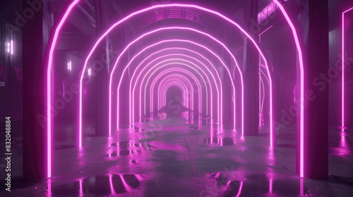 A tunnel with neon lights running down its length  creating a futuristic and colorful atmosphere