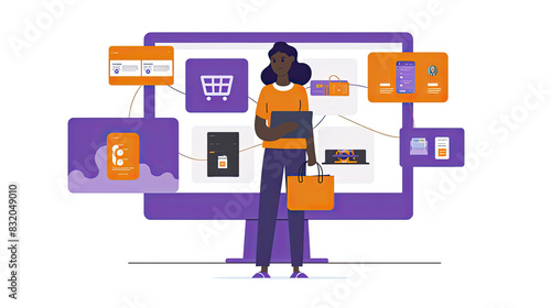 Person with digital devices and shopping icons illustration generated with AI
