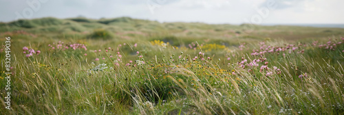 A photo featuring a coastal dune landscape with sea grass and wildflowers. Highlighting the natural beauty and untouched scenery,  © Uwe