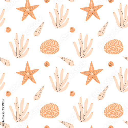 Beautiful coral reefs. Natural seamless pattern with undersea flora and fauna, sea or ocean life. Undersea backdrop with coral, algae, starfish, shells. Flat vector illustration
