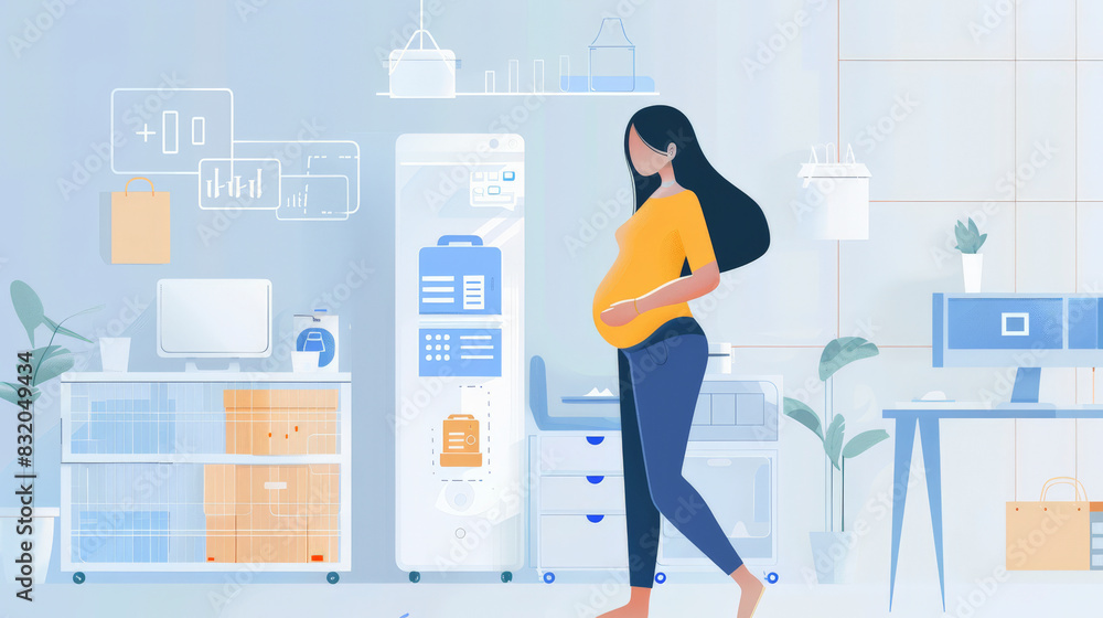 A pregnant woman standing in a modern medical clinic, surrounded by advanced technology and medical equipment, showcasing a digital healthcare environment. A pregnant woman standing in a modern medical clinic, surrounded by advanced technology and medical equipment, showcasing a digital healthcare environment.