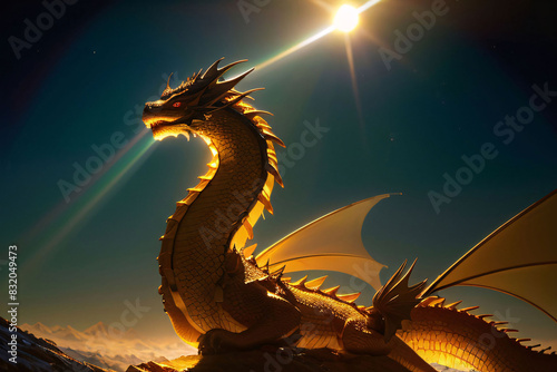 Golden illustration of a majestic dragon soaring through the night sky  a symbol of China s ancient mythology and culture