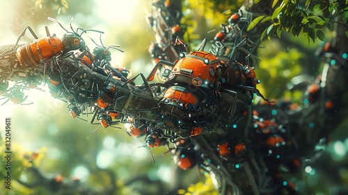 29051527 19 Futuristic digital ant work race on a sky-high tree, close-up with innovative devices © Phanuwhat