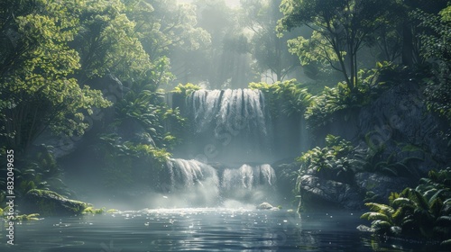 a gentle waterfall with soft mist and surrounding greenery  calming and natural