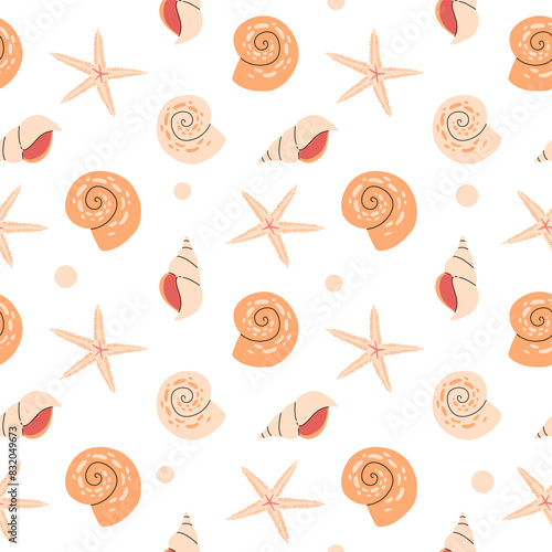 Beautiful coral reefs. Natural seamless pattern with undersea flora and fauna, sea or ocean life. Undersea backdrop with coral, algae, starfish, shells. Flat vector illustration