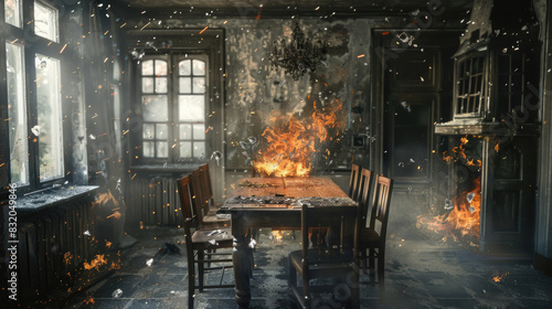 An old  abandoned houses dining room is burning  with flames spreading over the table and surrounding area  creating an intense and dangerous atmosphere