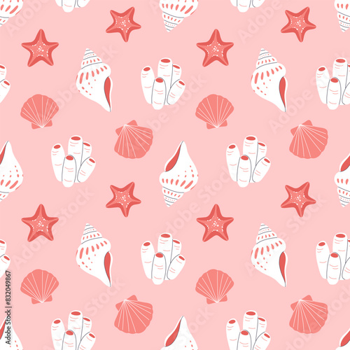 Beautiful coral reefs. Natural seamless pattern with undersea flora and fauna, sea or ocean life. Undersea backdrop with coral, algae, starfish, shells. Flat vector illustration