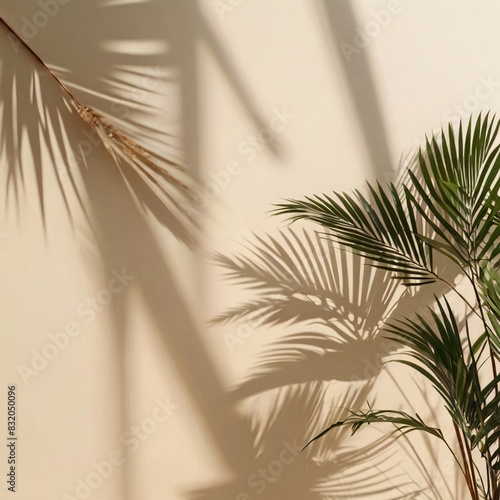 Blurred shadow from palm leaves on light cream wall. Minimalist beautiful summer spring background for product presentation.