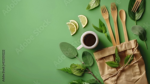 Plastic free set with cotton bag, glass jar, green leaves and recycled tableware top view. Zero waste, eco friendly concept. Flat lay. ai generated