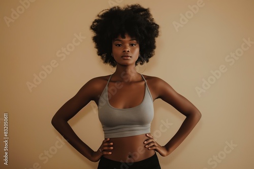 young African American woman standing with hands on hips, wearing a grey tank top and black shorts, natural afro hairstyle, beige background
