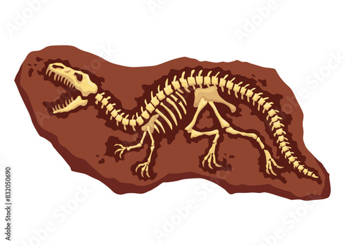 Dinosaur fossil skeleton bones, excavations of archeology isolated. Prehistoric reptile skeletons lying underground. Cartoon paleontological artifact