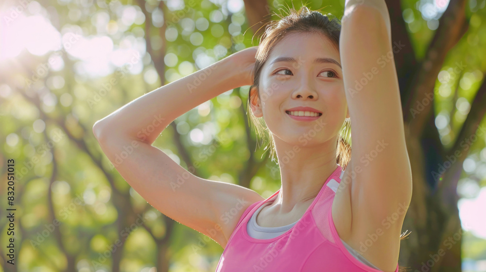 Female jogger. Fit young Asian woman with pink sportswear stretching muscle in park before running and enjoying a healthy outdoor. Fitness runner girl in public park. Wellness being concept Female jogger. Fit young Asian woman with pink sportswear stretching muscle in park before running and enjoying a healthy outdoor. Fitness runner girl in public park. Wellness being concept