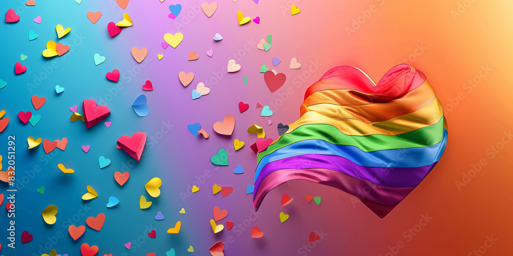 Fototapeta premium A rainbow flag with a heart on it is surrounded by a bunch of hearts