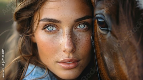 and looking to camera while holding her horseâ€™s face embracing it gently. She is wearing a blue shirt and black horse riding helmet photo