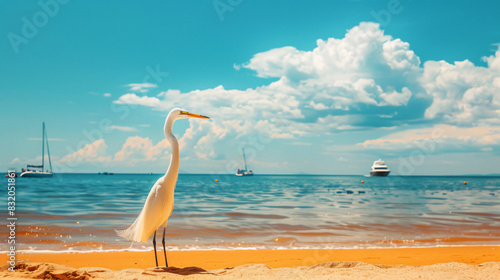 White heron egret on a golden beach by the sea 