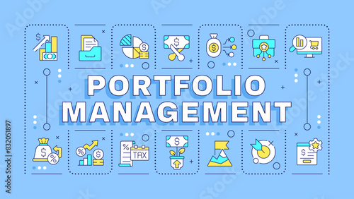 Portfolio management blue word concept. Stock investing, financial diversification. Typography banner. Vector illustration with title text, editable icons color. Hubot Sans font used