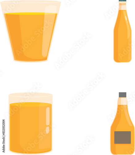 Vector illustration of orange juice in different containers, including a glass and bottles